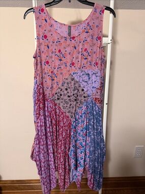 Blue Sky sleeveless handkerchief patchwork dress - size M - floral pinks blue